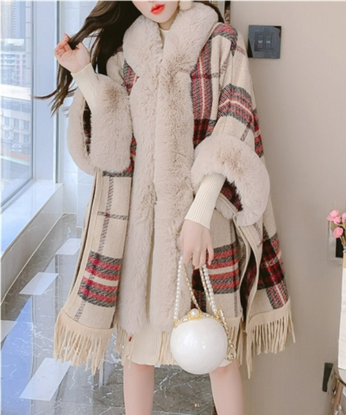 セール】ふんわりファー付きフーディーポンチョコート（ポンチョ