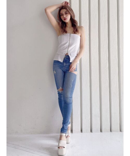 GYDA（ジェイダ）の「ミドルウエストサイドリップドスキニーデニム