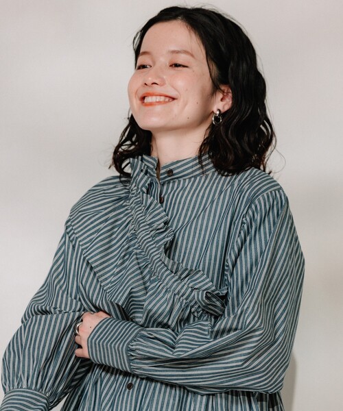 セール】マルチフリル付き ストライプミニワンピース（ワンピース