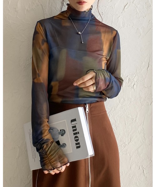 セール】ニュアンス柄長袖メッシュパワーネットハイネックシアー