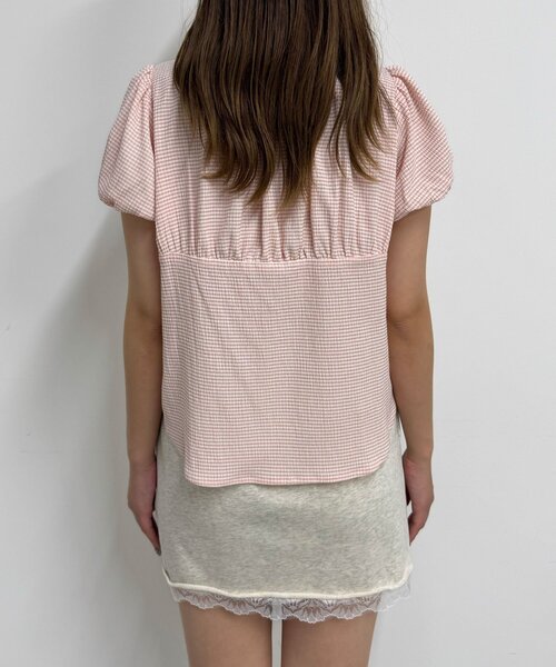 neutral】ギンガムチェックパフスリーブリボンブラウス（シャツ