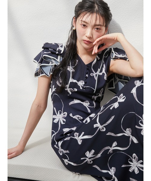 セール】【00サイズあり】Sustainableリボンプリントワンピース