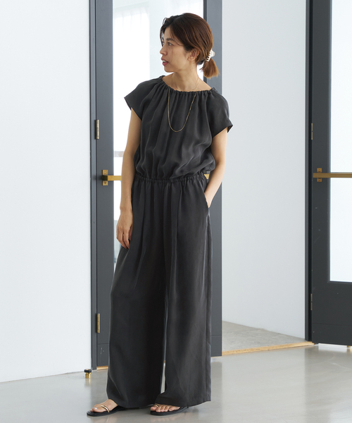 キュプラ ギャザーネックオールインワン（つなぎ/オールインワン