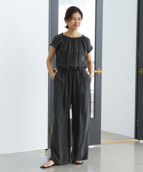 キュプラ ギャザーネックオールインワン（つなぎ/オールインワン