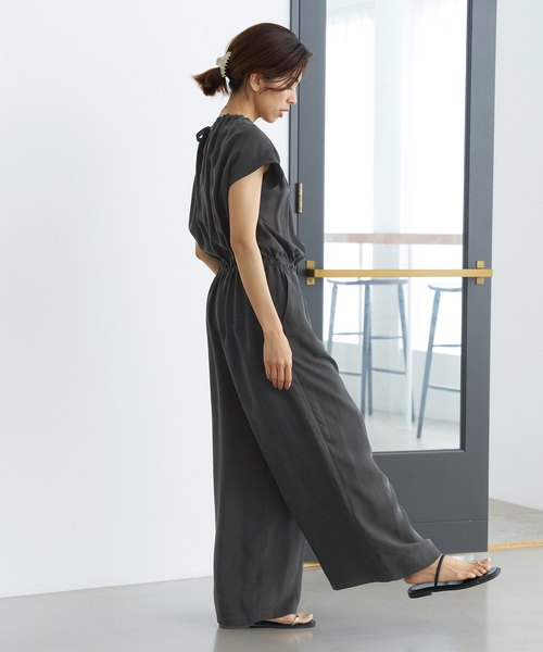 キュプラ ギャザーネックオールインワン（つなぎ/オールインワン