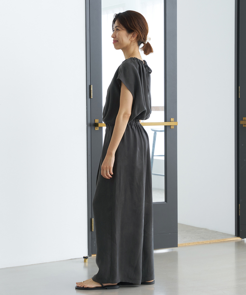 キュプラ ギャザーネックオールインワン（つなぎ/オールインワン