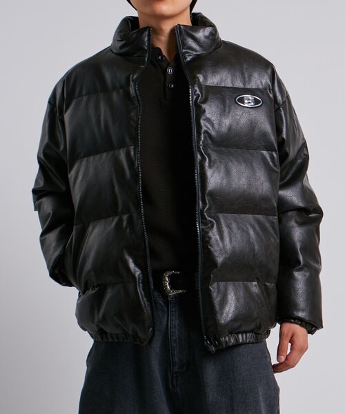 セール】【UNISEXS】Sロゴヴィンテージライクレザーブルゾン（ダウン