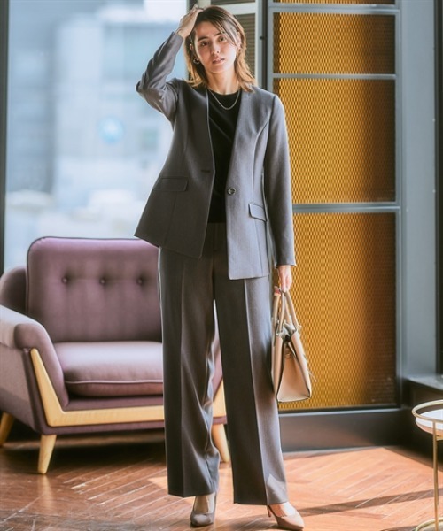 セール】【洗える・ストレッチ】ウール調ワイドパンツスーツ（ロング丈