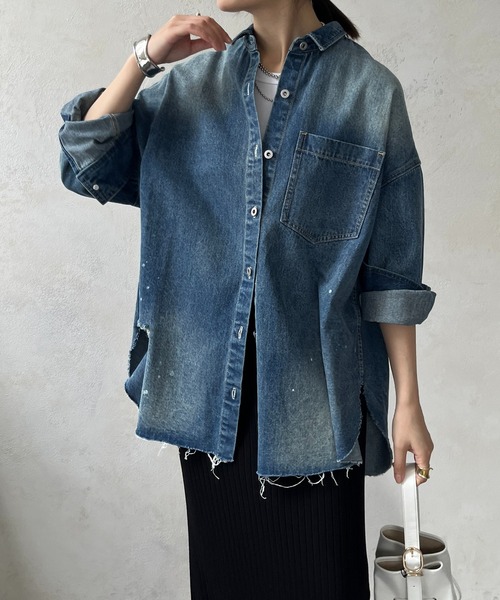 新色追加】ダメージデニムシャツ（シャツ/ブラウス）｜DouDou