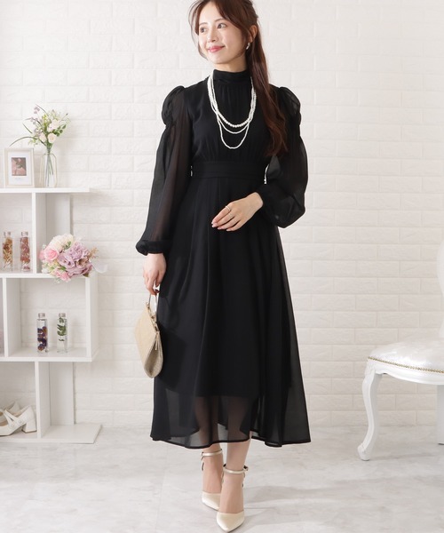 セール】ギャザーシェイプロングシフォンワンピース（ドレス）｜Lace