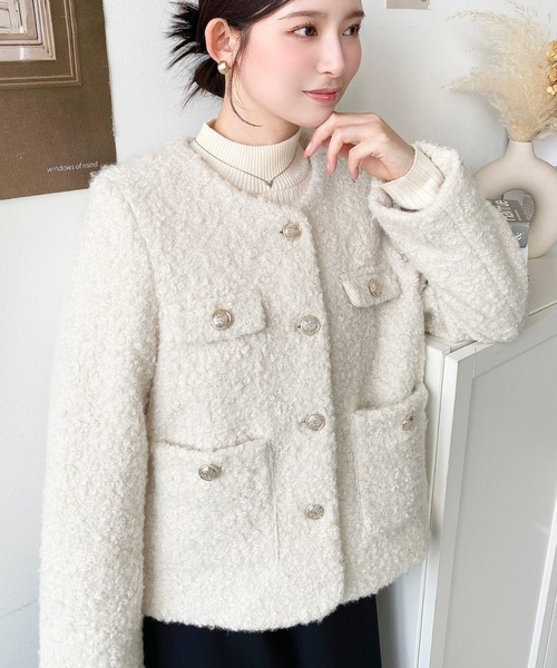 セール】フェイクリングウール金ボタンノーカラージャケット（ノー