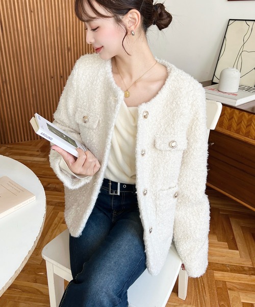 セール】フェイクリングウール金ボタンノーカラージャケット（ノー
