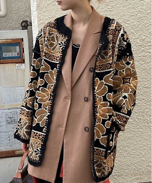 Ameri（アメリ）の「RUG PATTERN KNIT JACKET（ノーカラージャケット