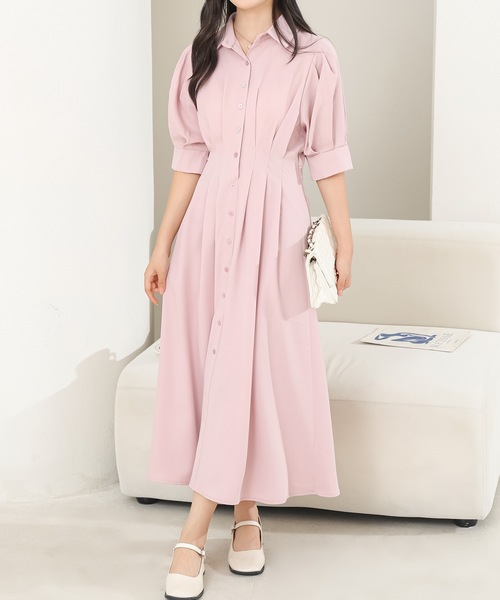 セール】バックレースアップ パフスリーブ ロング シャツ ワンピース