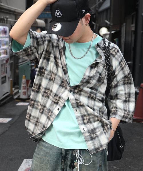 セール】25SS ウォッシュ加工 半袖チェックシャツ カットオフ グランジ