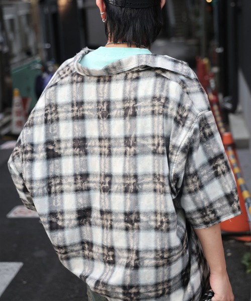 セール】25SS ウォッシュ加工 半袖チェックシャツ カットオフ グランジ