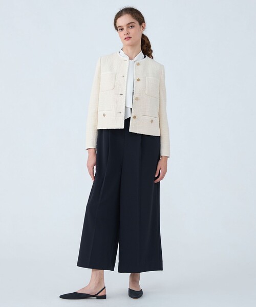 セール】スラブコットンツイード Vクルーネックジャケット（ノーカラー