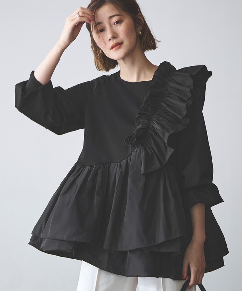 セール】洗える ｜ ショルダー フリル ペプラム TOPS ｜ 長袖 トップス