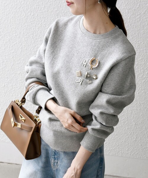 SHIPS any:〈手洗い可能〉裏起毛 ビジュー クルーネック コンパクト