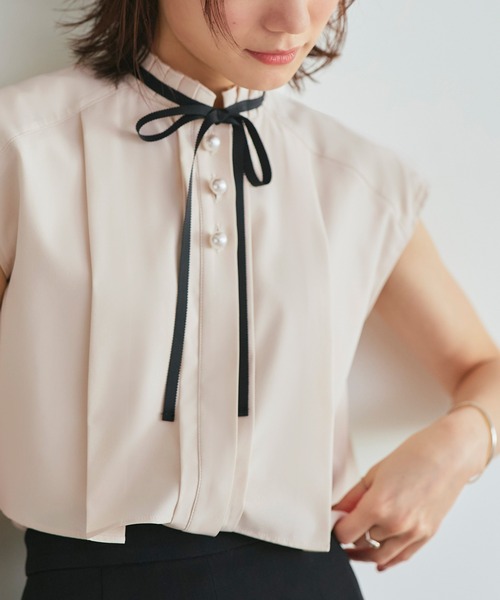 洗える ｜ パールボタン フレンチスリーブ ブラウス（Aタイプ/プリーツ