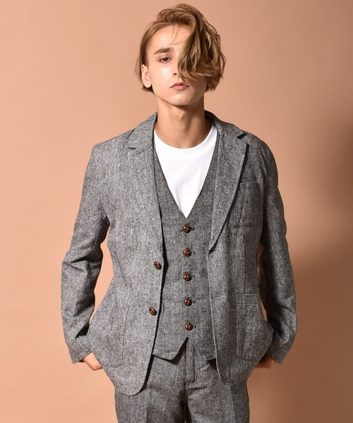 ツイードテーラードジャケット 無地 ヘリンボーン セットアップ対応