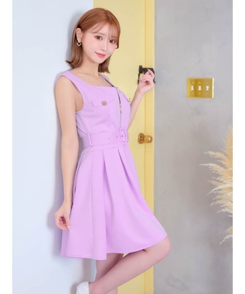 セール】フロントジップ ベルト付き ノースリーブ プリーツ Aライン