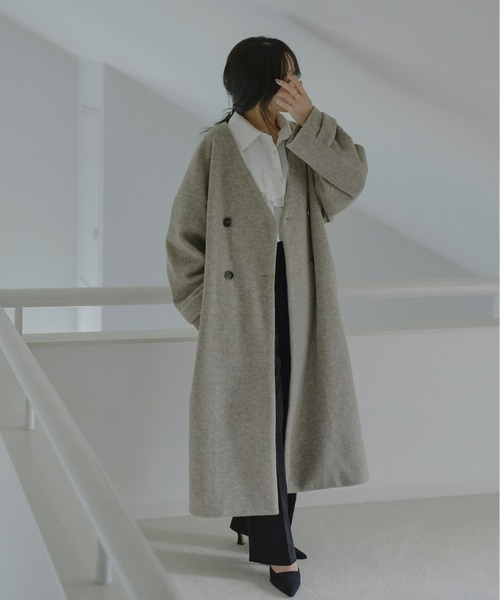rii × Olu.】ノーカラーシャギーロングコート（ノーカラーコート