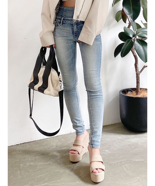 GYDA（ジェイダ）の「ハイウエストウエストクロススキニーデニムパンツ