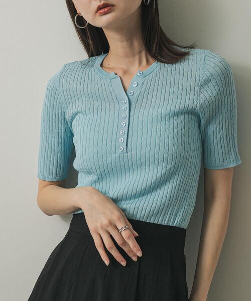 セール】ヘンリーネックミニケーブルセーター(半袖)（ニット/セーター