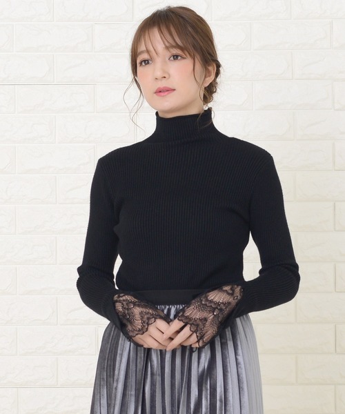セール】ハーフタートルネック袖口レース付き長袖リブニット（ニット