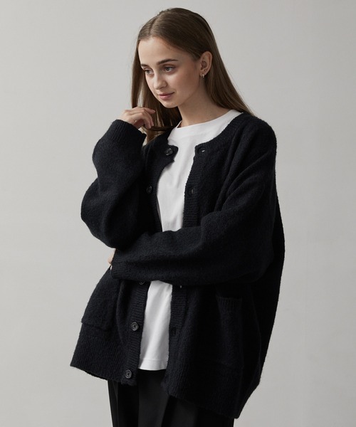 CLEL】Wool Blend Mohair Like Crew Neck Cardigan/ウールブレンド