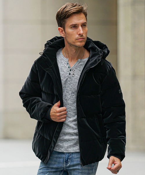 SOMEDIFF】ベルベットPUフェイクダウンブルゾン メンズ アウター