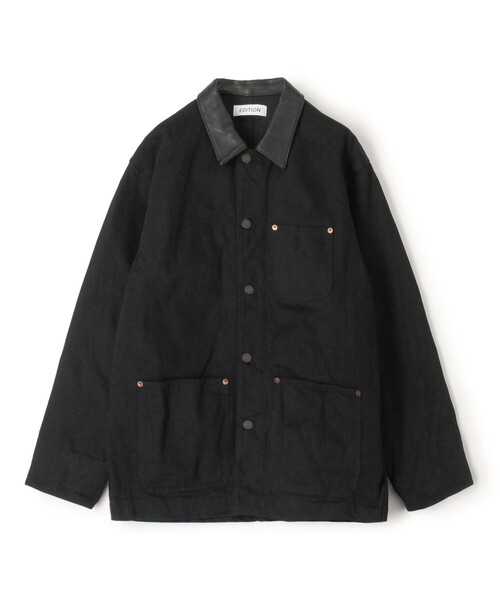 セール】ブラックデニム レザーカラーカバーオール（カバーオール