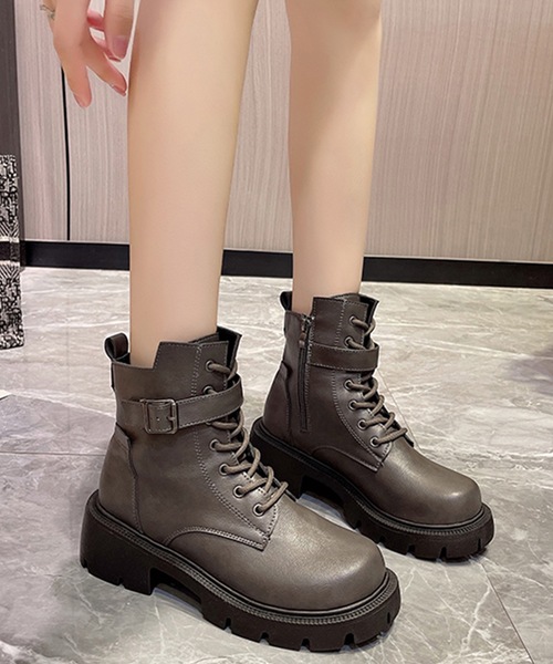 レザー調 ベルト付き レースアップ ショート ブーツ（ブーツ）｜Lace