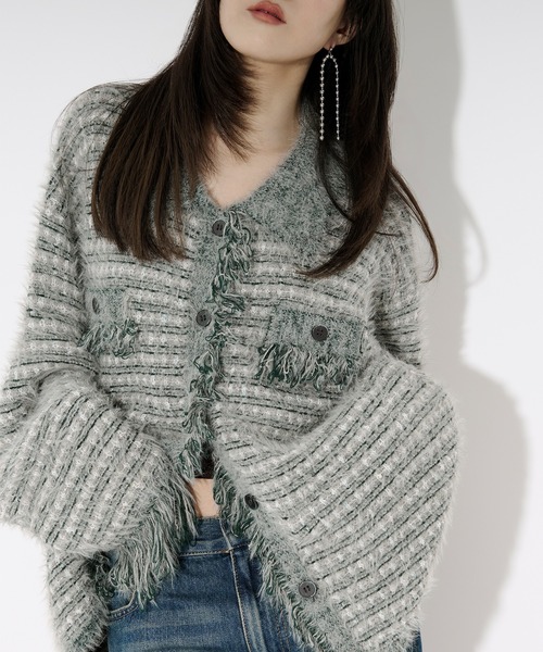 セール】tweed knit fringe cardigan ツイードニット襟付き