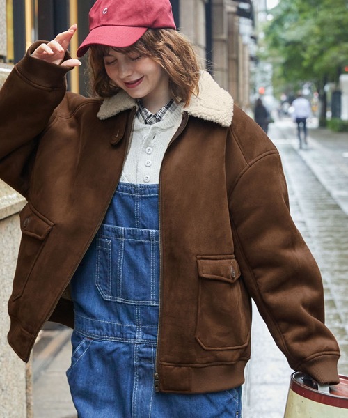 ボア襟付きフェイクムートン ミリタリーブルゾン/フライトジャケット