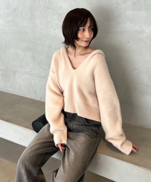 FRAY I.D（フレイアイディー）の「ショートニットフーディー（ニット