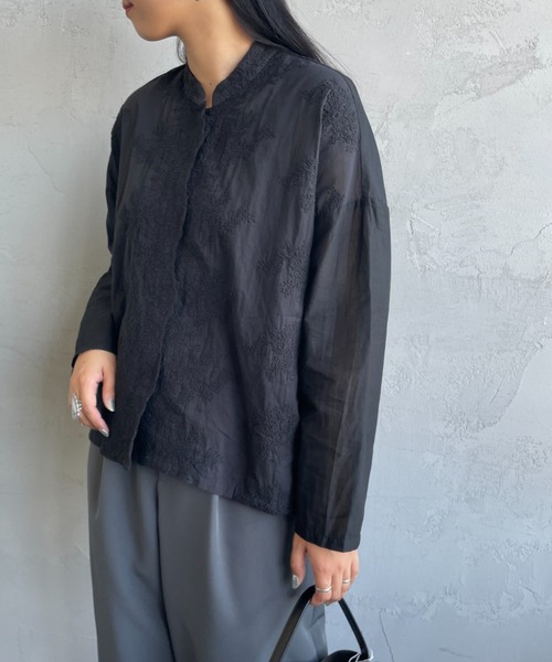 mizuiro ind/ミズイロインド] レース刺繍 スタンドカラーブラウス