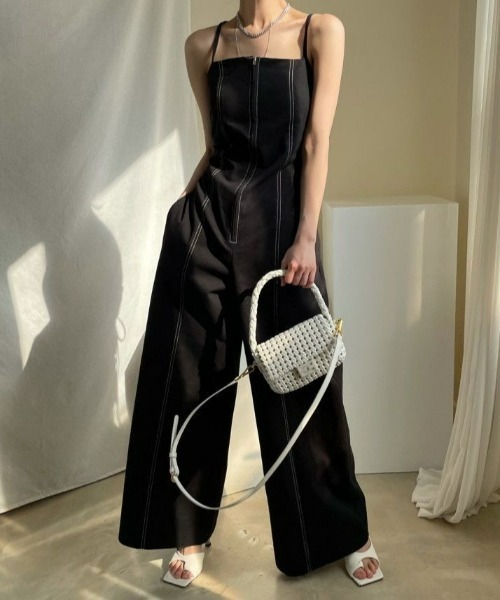 セール】ハイウエストデニムジャンプスーツ/ロンパース（サロペット