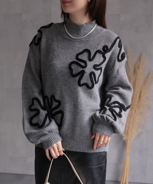 セール】コード刺繍風 モックネックニットトップス/TOPS（ニット