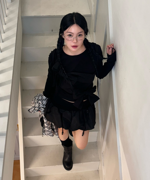 セール】ダブルリボンタイトトップ_ブラック（Tシャツ/カットソー