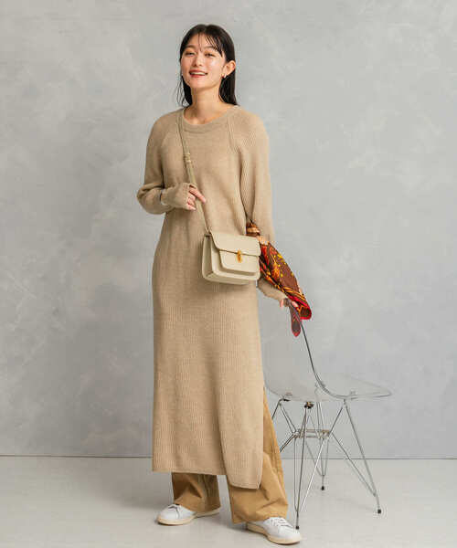 セール】ヤク混サイドスリット畦ニットワンピース（ワンピース