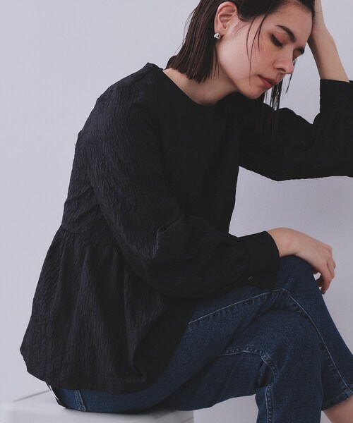 セール】《通勤・セレモニー対応》ジャカードペプラムブラウス【洗濯機