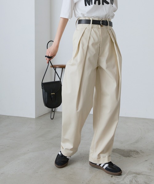 forksy.】ハイウエストツータックワイドテーパードチノパンツ/920N