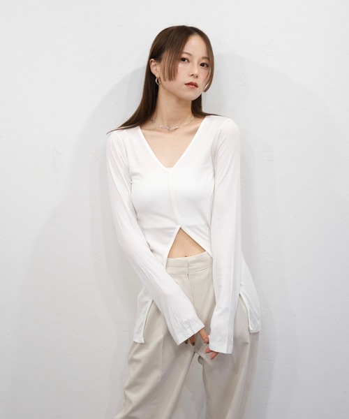 フロントスリットトップス／front slit top 長袖 クルーネック ミドル