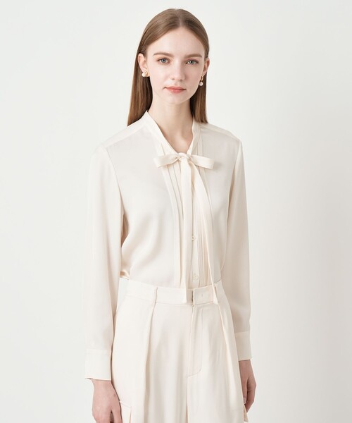 セットアップ対応商品】ストレッチダブルサテンボウタック ブラウス
