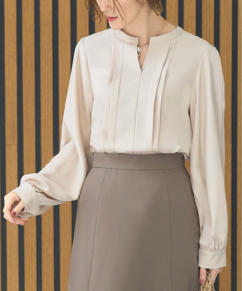 セール】洗える ストレッチ ｜ バンドカラータックブラウス ｜ 長袖
