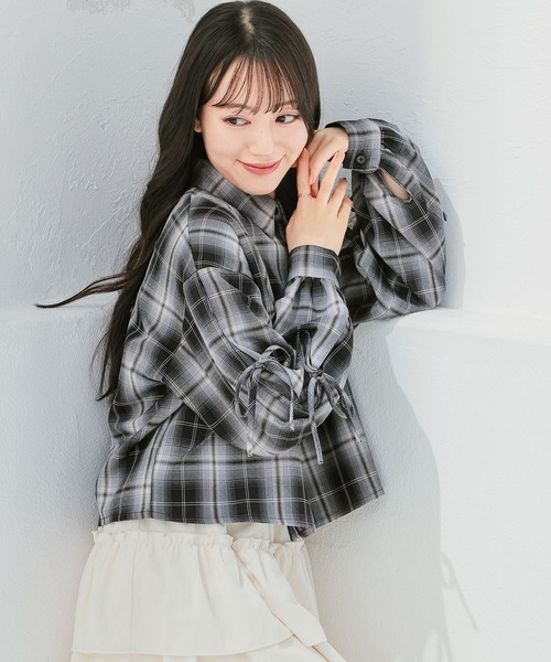 セール】袖リボンチェックシャツ（シャツ/ブラウス）｜Honeys