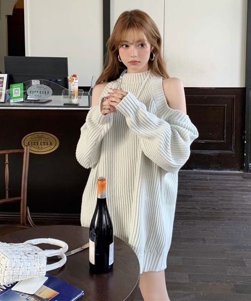 セール】カットオフショルダーニット ミニワンピース / 肌見せ 肩見せ