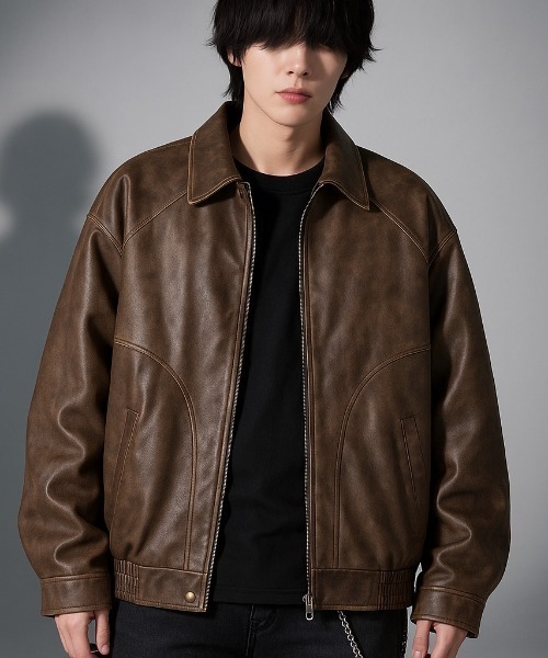 セール】【Korea Select】 ウォッシュドフェイクレザージャケット（CN